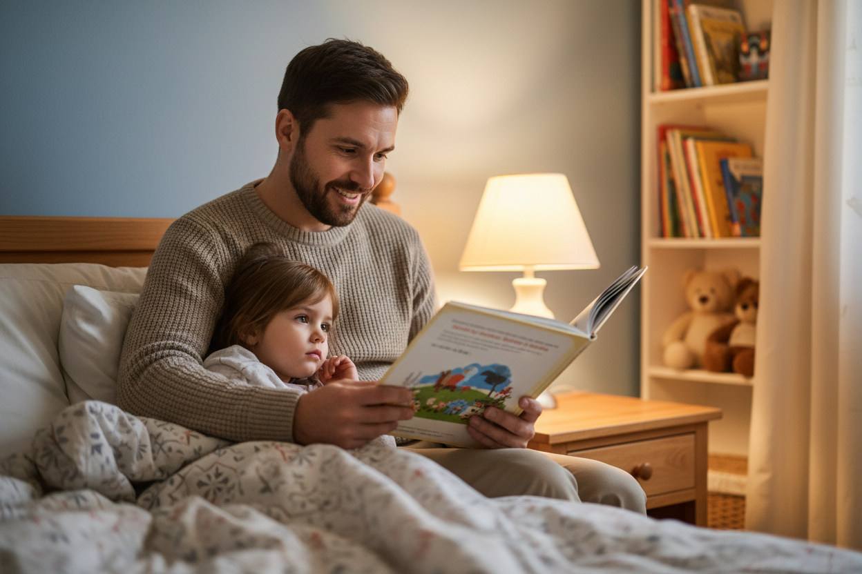ein vater der seinem kind eine gute nacht geschichte vorliest